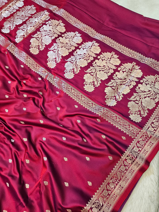 Banarasi Wine Red Mashru Silk Saree with Gold Zari Buti & Grand Floral Banarasi Pallu