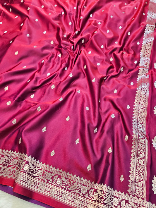 Banarasi Wine Red Mashru Silk Saree with Gold Zari Buti & Grand Floral Banarasi Pallu