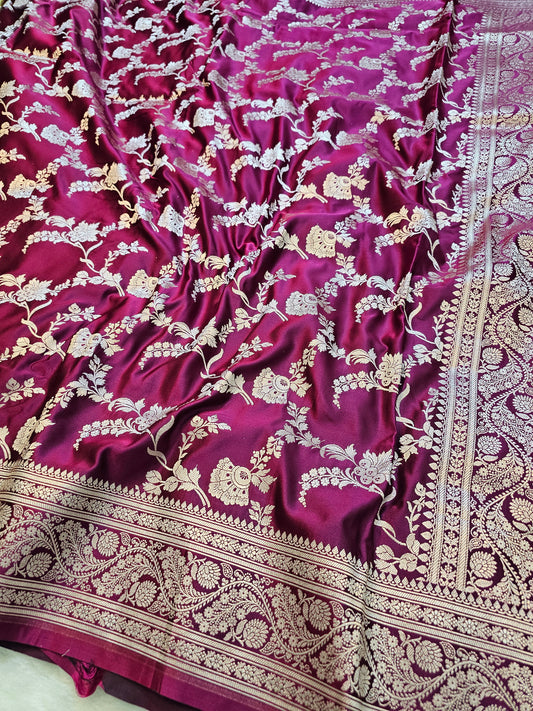 Banarasi Royal Wine Mashru Silk Saree with Gold Zari Floral Jaal & Grand Paisley Banarasi Pallu