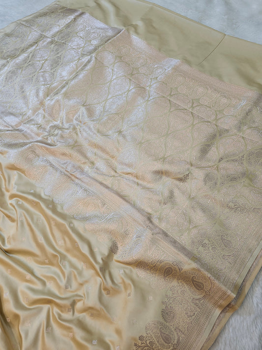 Banarasi Champagne Gold Mashru Silk Saree with Silver Zari Buti & Grand Banarasi Jaal Pallu