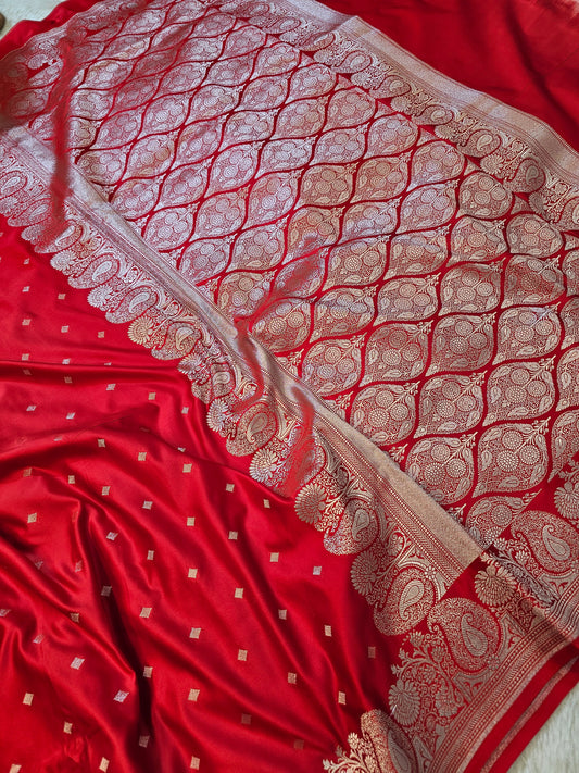 Banarasi Ruby Red Mashru Silk Saree with Gold Zari Butis & Grand Banarasi Diamond Jaal Pallu