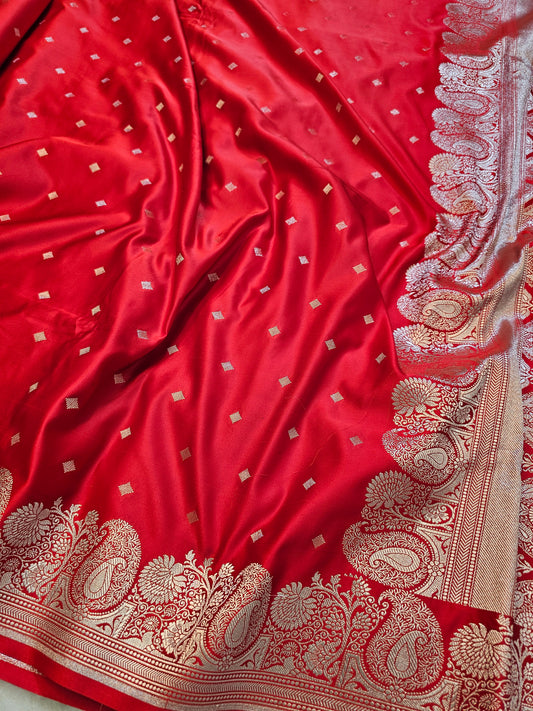 Banarasi Ruby Red Mashru Silk Saree with Gold Zari Butis & Grand Banarasi Diamond Jaal Pallu