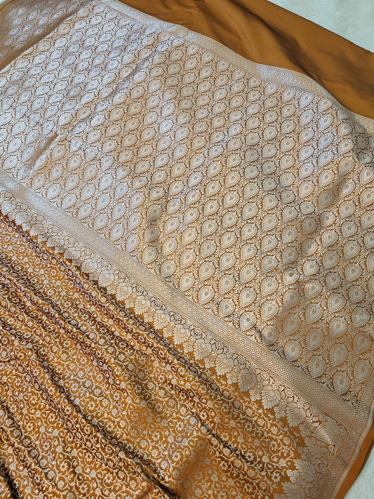 Banarasi Golden Mustard Mashru Silk Saree with Allover Paisley Jaal & Rich Banarasi Zari Pallu
