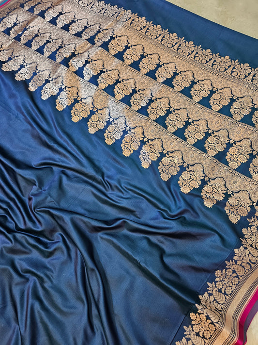 Banarasi Royal Navy Blue Mashru Silk Saree with Grand Floral Arch Zari Pallu