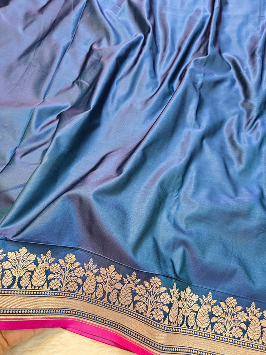 Banarasi Royal Navy Blue Mashru Silk Saree with Grand Floral Arch Zari Pallu