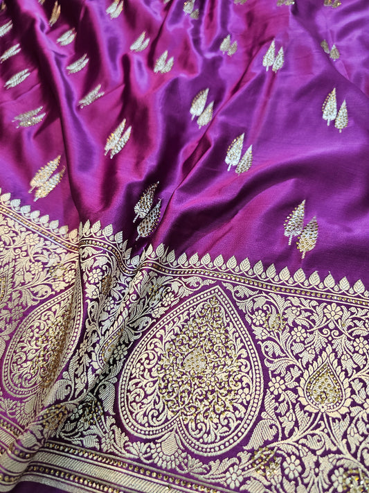 Banarasi Premium Royal Purple Mashru Silk Saree with Antique Gold Zari Jaal Weaving & Stone Work Banarasi Border