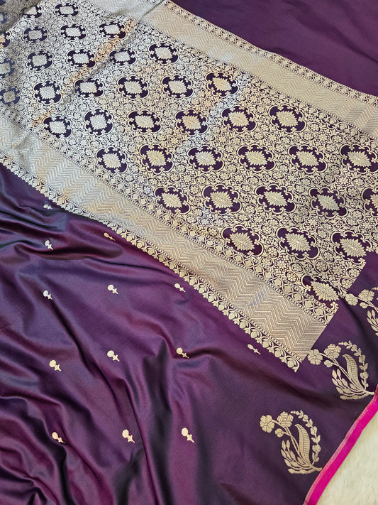 BanarasiPremium Deep Purple Mashru Silk Saree with Antique Gold Zari Butti & Grand Banarasi Woven Pallu