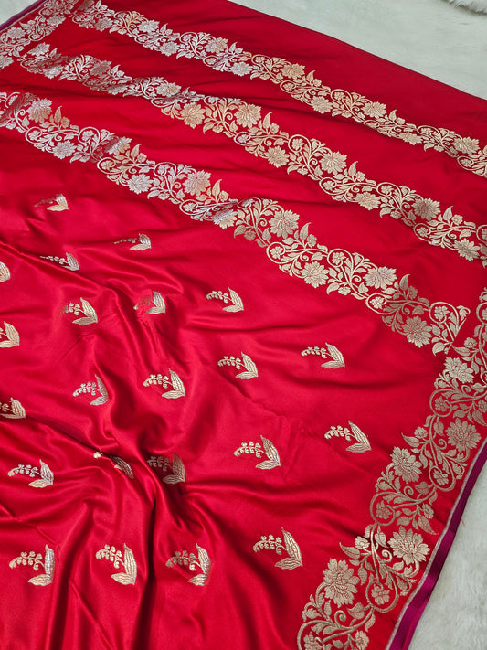 Banarasi Premium Mashru Silk Saree in Ruby Red with Antique Gold Floral Zari Weaving