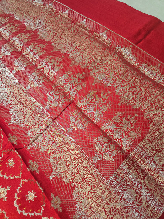 Banarasi Premium Pure Chiniya Silk Saree in Regal Red with Gold Zari Floral Buti & Rich Banarasi Woven Pallu     CH7424001