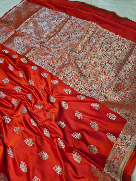 Banarasi Premium Mashru Silk Saree in Vermilion Orange with Antique Gold Meenakari Zari Weaving