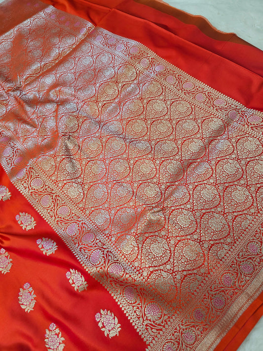 Banarasi Premium Mashru Silk Saree in Vermilion Orange with Antique Gold Meenakari Zari Weaving