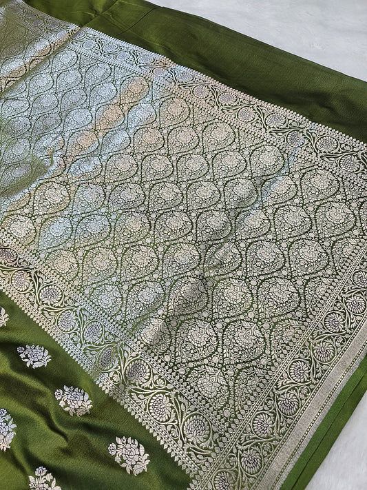 BanarasiPremium Mashru Silk Saree in Olive Green with Antique Silver Zari Floral Buti Weaving