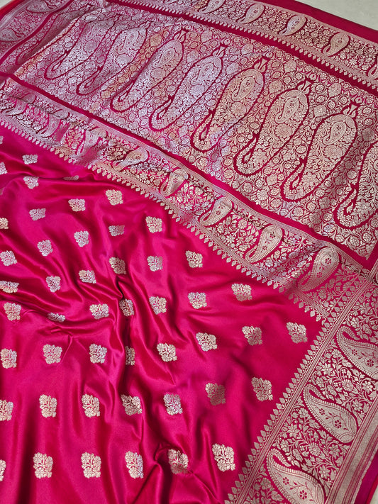 Banarasi Premium Mashru Silk Saree in Rani Pink with Antique Gold Zari Buti & Grand Paisley Woven Pallu