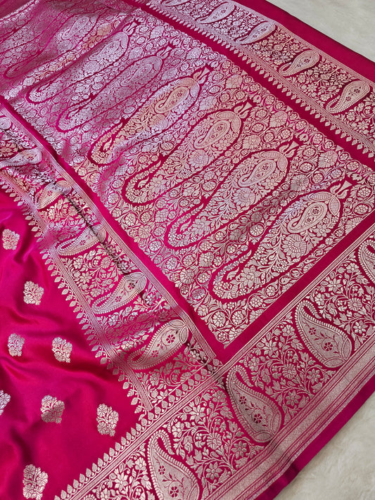 Banarasi Premium Mashru Silk Saree in Rani Pink with Antique Gold Zari Buti & Grand Paisley Woven Pallu