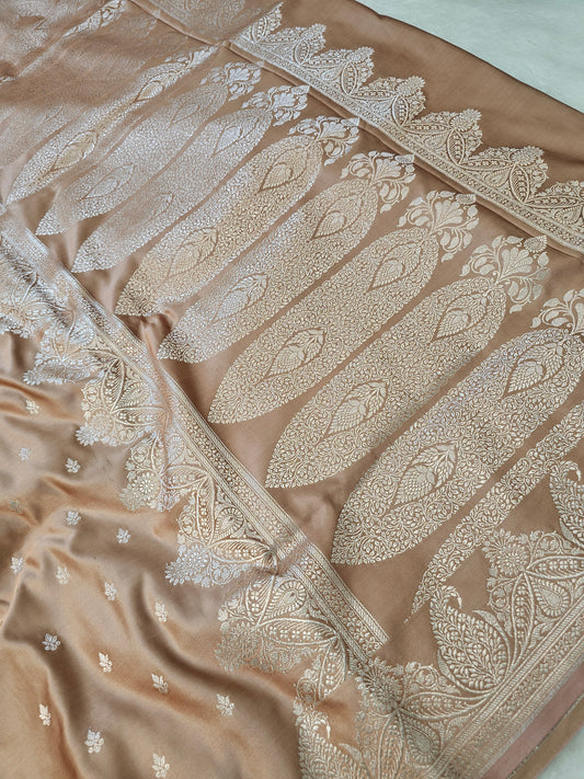 Banarasi Premium Mashru Silk Saree in Champagne Beige with Antique Silver Zari Buti & Grand Paisley Woven Pallu
