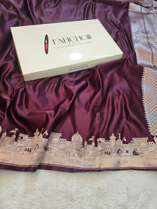 Banarasi Premium Mehroon Mashru Silk Saree with Antique Gold Zari Geometric Jaal & Temple Border
