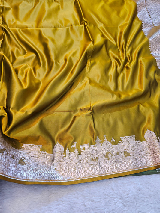 Banarasi Ghaat Premium Muaterd Mashru Silk Saree with Antique Gold Zari Geometric Jaal & Temple Border