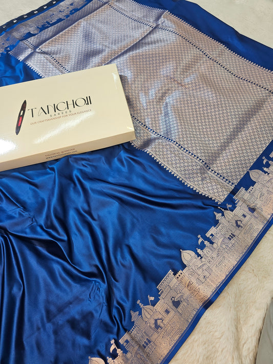 Banarasi Ghaat Premium Blue Mashru Silk Saree with Antique Gold Zari  Temple Border