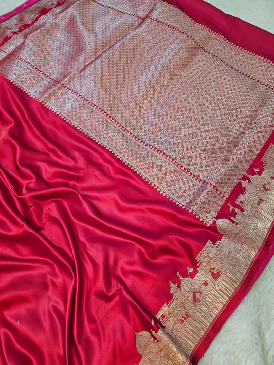Banarasi Ghaat Premium Red  Mashru Silk Saree with Antique Gold Zari Geometric Jaal & Temple Border