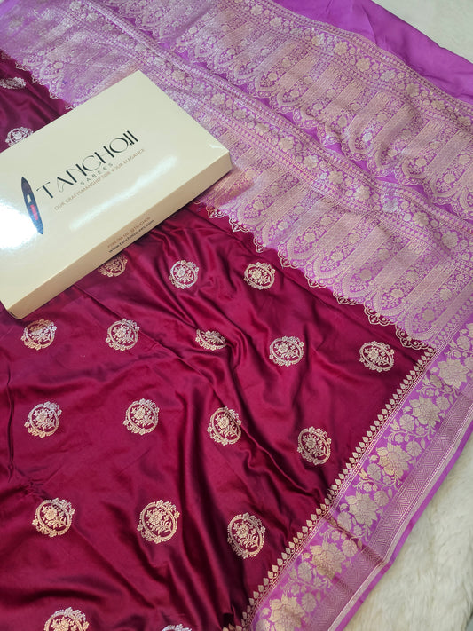 Banarasi Premium Mashru Silk Saree in Wine & Lavender Purple with Antique Gold Zari Paisley Pallu