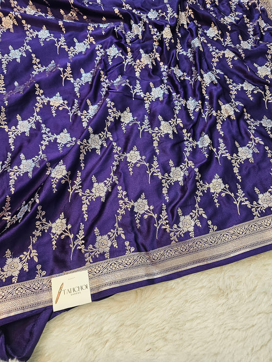 Banarasi Royal Navy Blue Mashru Silk Saree with Antique Gold Zari Jaal & Grand Floral Banarasi Pallu