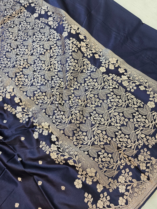 Banarasi Royal Navy Blue Mashru Silk Saree with Antique Gold Zari Buttas & Grand Floral Banarasi Pallu