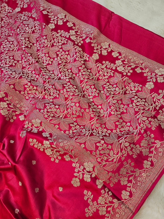 Banarasi Fuchsia Pink Mashru Silk Saree with Roze Gold Zari Buttas & Grand Paisley Border