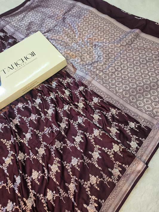 Banarasi Coffe Mashru Silk Saree with Rich Roze Gold Floral Zari Weaving & Traditional Border