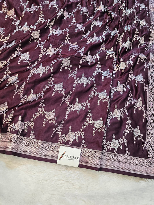 Banarasi Coffe Mashru Silk Saree with Rich Roze Gold Floral Zari Weaving & Traditional Border