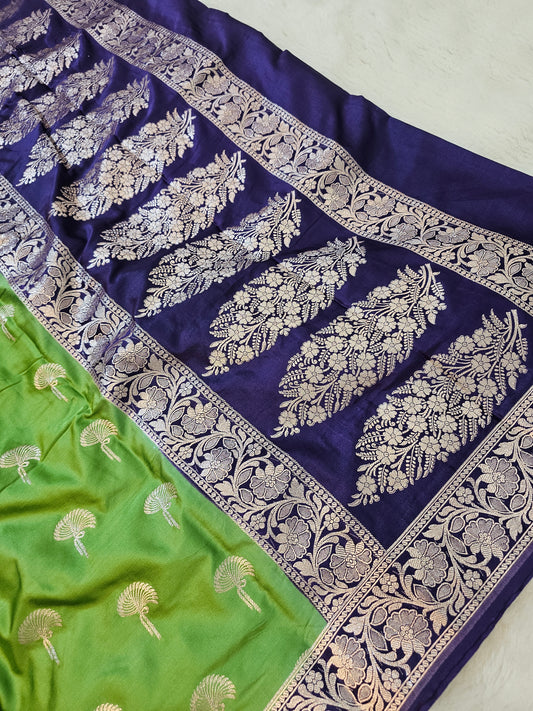 Banarasi Premium Mashru Silk Saree in Pista & Nave Blue with Antique Gold Zari Paisley Pallu