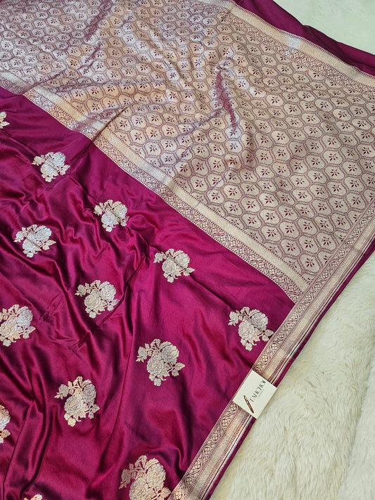 Banarasi Wine Purple Premium Mashru Silk Saree with Antique Silver Zari Floral Buttas & Grand Paisley Banarasi Pallu