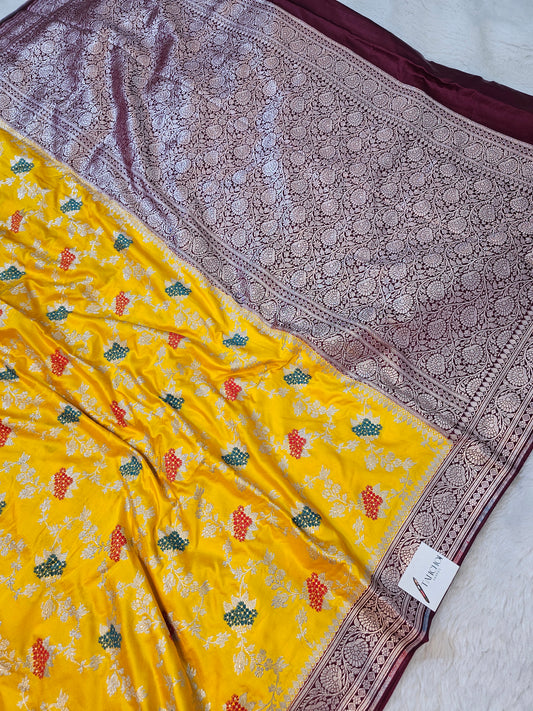 Banarasi Royal Maroon & Sunshine Yellow Banarasi Mashru Silk Saree with Heavy Zari Pallu