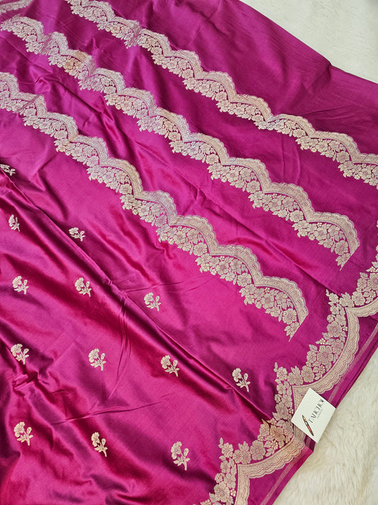 Banarasi Magenta Pink Banarasi Mashru Silk Saree with Scalloped Zari Lines & Floral Bootas