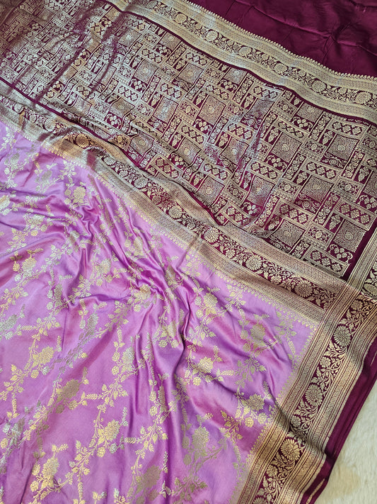 Banarasi Premium Mashru Silk Saree in Wine & Lavender Purple with Antique Gold Zari Paisley Pallu