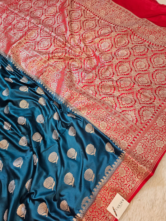 Banarasi Teal Blue & Crimson Red Banarasi Mashru Silk Saree with Heavy Zari Jaal Pallu & Floral Bootas