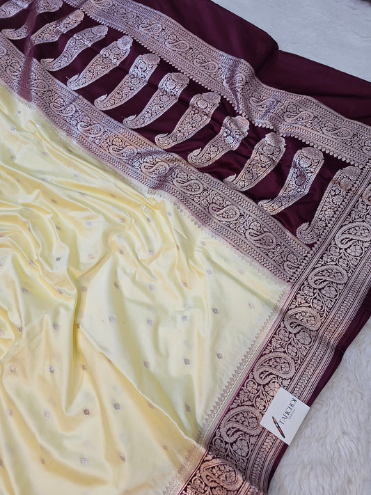 Banarasi Soft Cream & Deep Maroon Banarasi Mashru Silk Saree with Large Zari Kalka Motifs