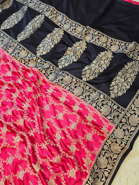 Banarasi Vibrant Pink & Black Banarasi Mashru Silk Saree with All-Over Floral Vines & Heavy Zari Pallu