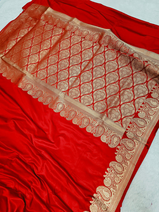 Banarasi Premium Red Mashru Silk Saree with Antique Gold Zari Paisley Jaal & Floral Banarasi Border