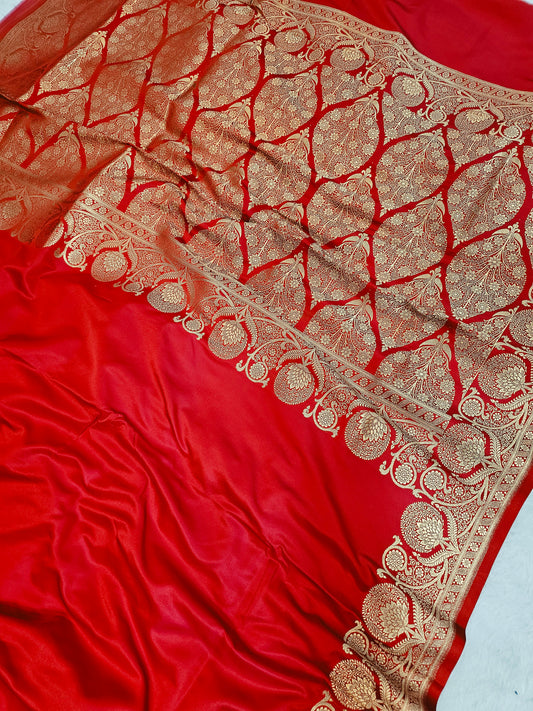 Banarasi Premium Red Mashru Silk Saree with Antique Gold Zari Paisley Jaal & Floral Banarasi Border
