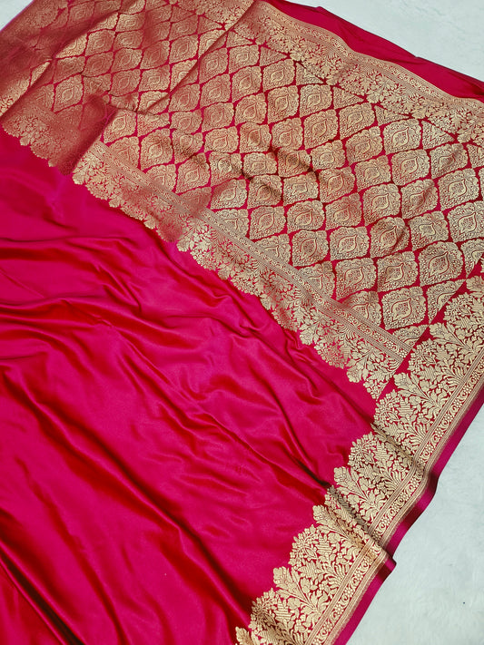 Banarasi Premium Rani Pink Mashru Silk Saree with Antique Gold Zari Paisley Jaal & Floral Banarasi Border