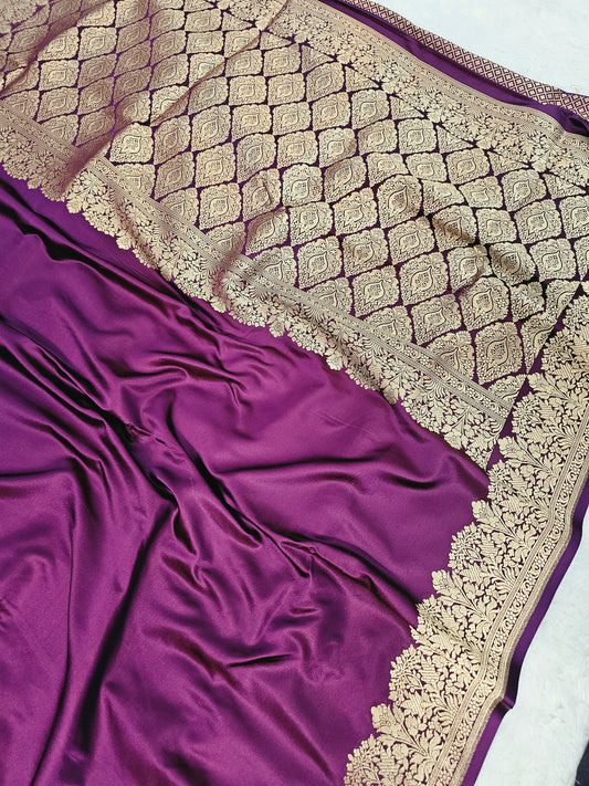 Banarasi Premium Purple Mashru Silk Saree with Antique Gold Zari Paisley Jaal & Floral Banarasi Border