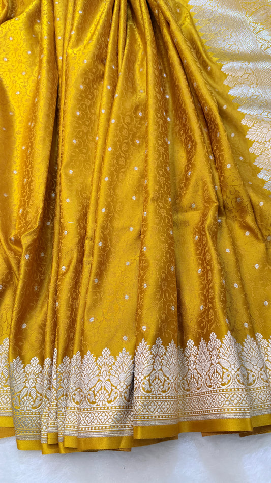Banarasi Premium Mustard Yellow Mashru Silk Saree with Silver Zari Paisley Woven Pallu & Rich Floral Border