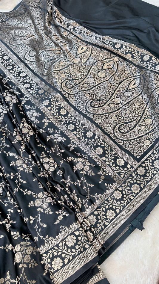 Banarasi Premium Black Mashru Silk Saree with Silver Zari Paisley Pallu & Floral Vine Weaving