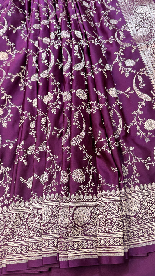 Banarasi Premium Royal Purple Mashru Silk Saree with Silver Zari Floral Woven Pallu & Rich Border