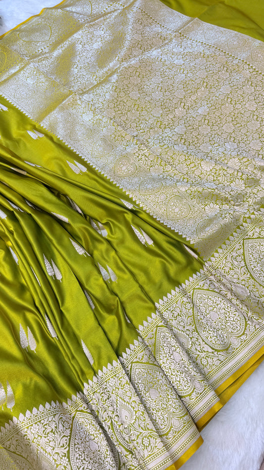 Banarasi Lime Green Mashru Silk Saree with Rich Silver Zari Floral Jaal & Paisley Border