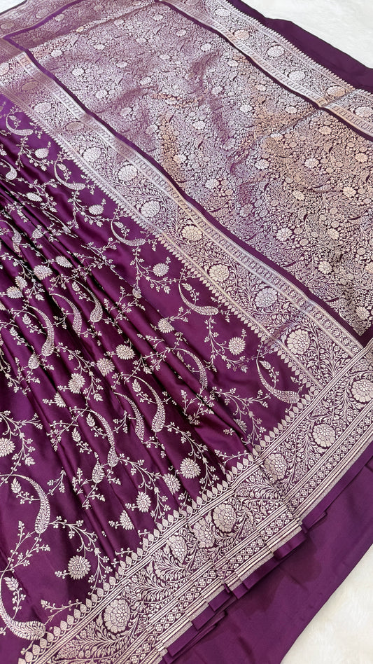 Banarasi Premium Royal Purple Mashru Silk Saree with Silver Zari Floral Woven Pallu & Rich Border