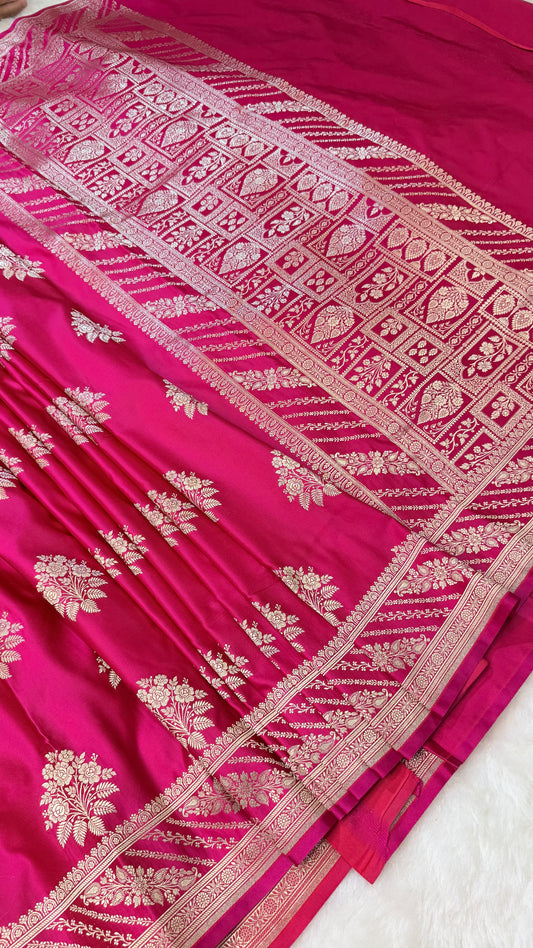 Banarasi Premium Rani Pink Mashru Silk Saree with Silver Zari Floral Butis & Grand Traditional Woven Pallu