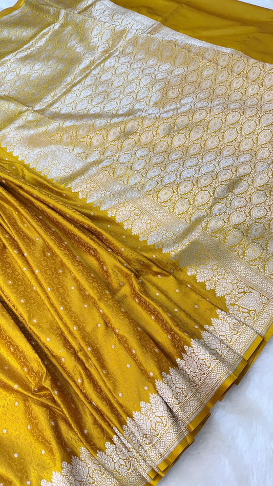 Banarasi Premium Mustard Yellow Mashru Silk Saree with Silver Zari Paisley Woven Pallu & Rich Floral Border