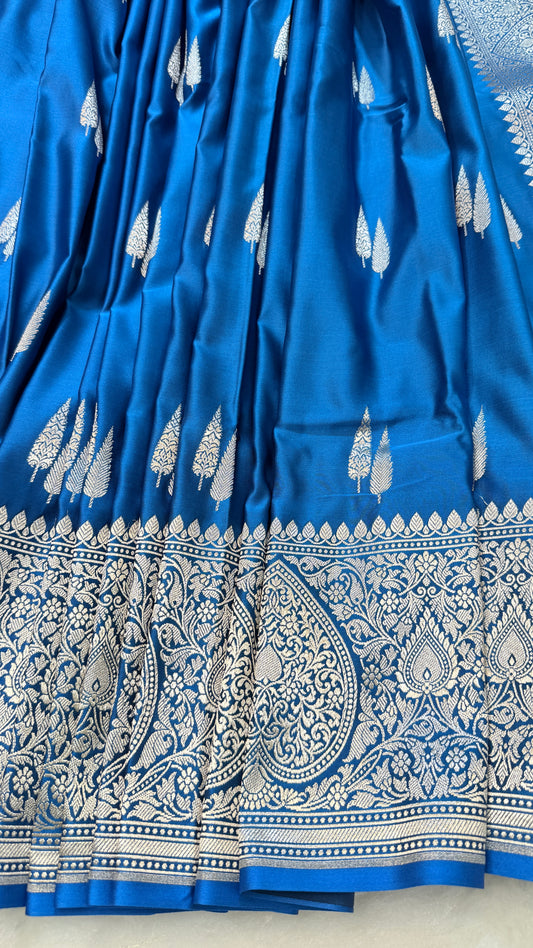 Banarasi Royal Blue Mashru Silk Saree with Silver Zari Floral Jaal & Paisley Border