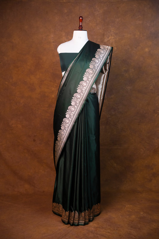 Emerald Green Pure Banarasi Mashru Silk Saree with Antique Zari Border